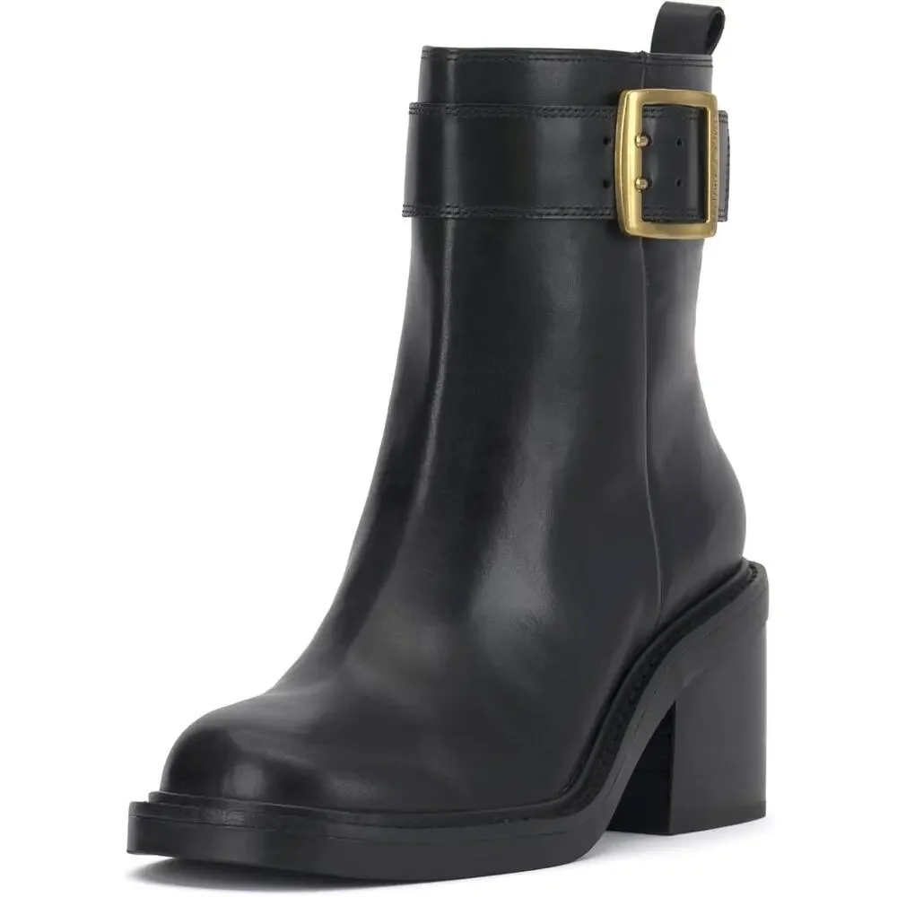 Vince Camuto Bembonie Stacked Heel Chocolate Ankle Boots Black Size 9M/40 NWOB
